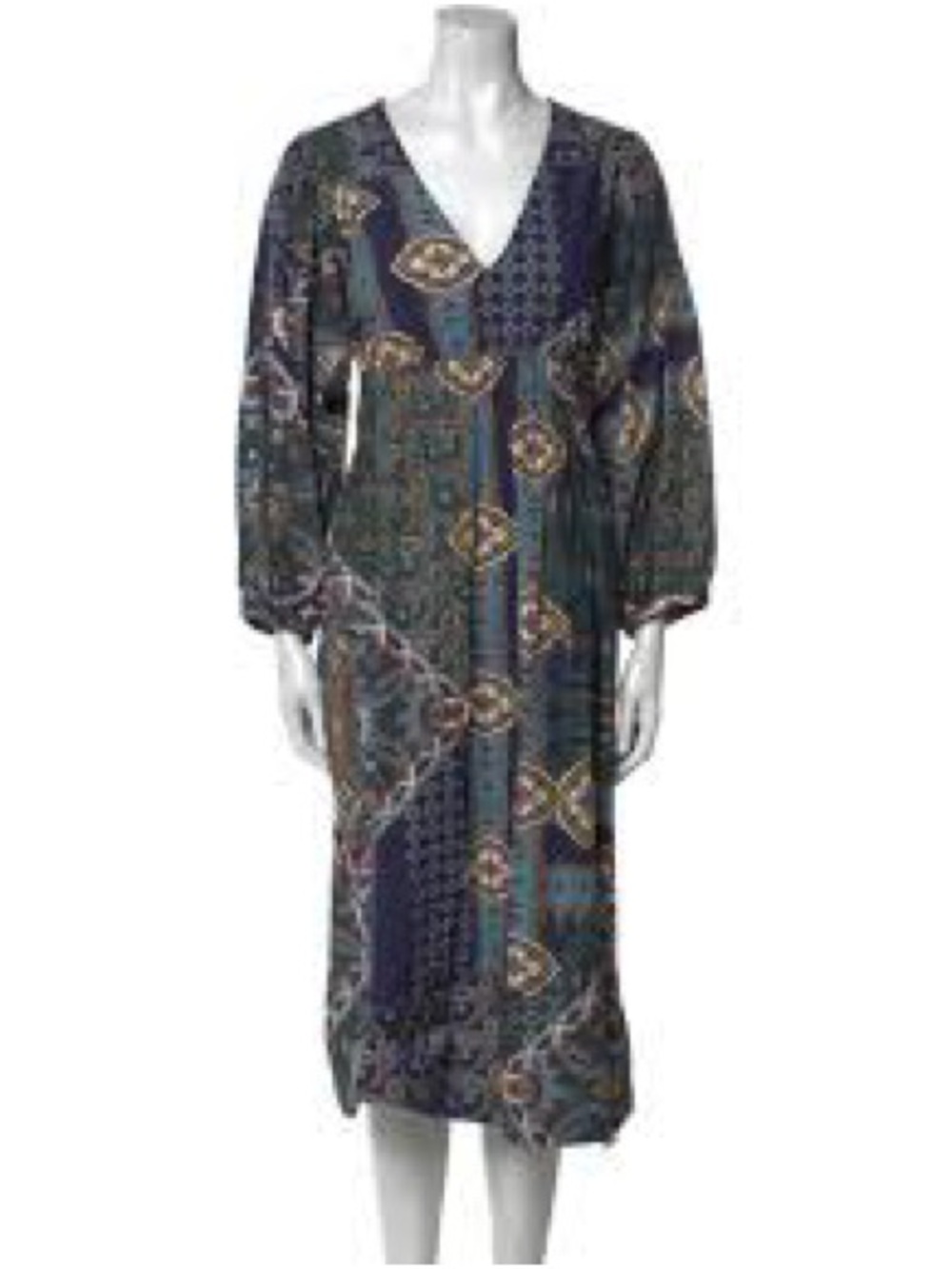 Cara Cara Navy Multi-Pattern V-Neck Long Sleeve Midi Dress